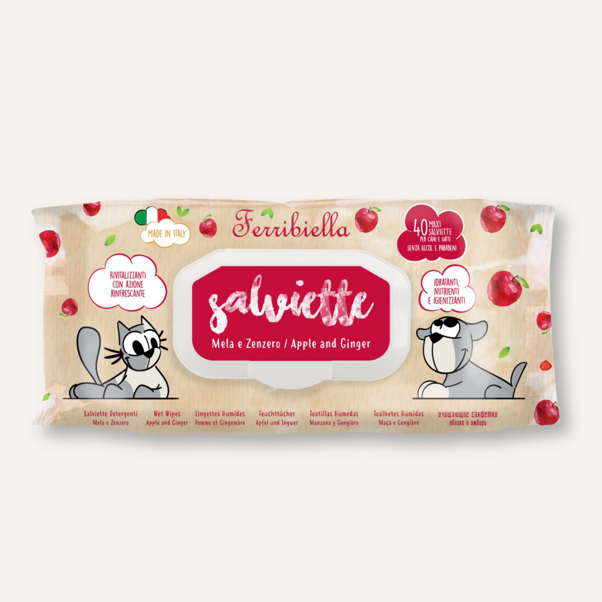 Ferribiella Wet Wipes Verzorgingsdoekjes voor Honden en Katten Appel en Ginger