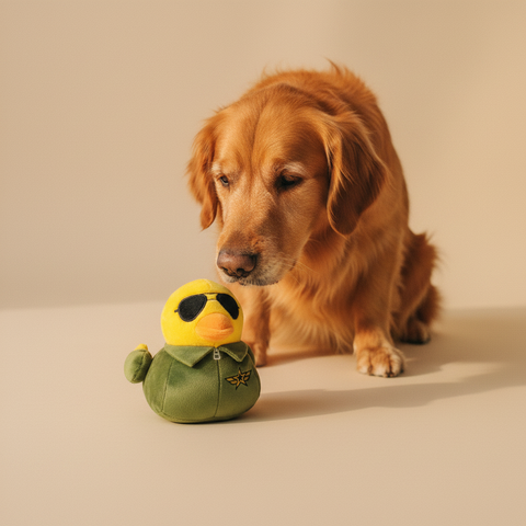Amelia Quackhart Duck - Dog Toy — lifestyle met hond | The Snuffle Studio