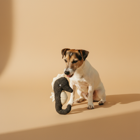 FuzzYard LIFE - Sea Life Toy - Slate Grey Seahorse — lifestyle met hond | The Snuffle Studio