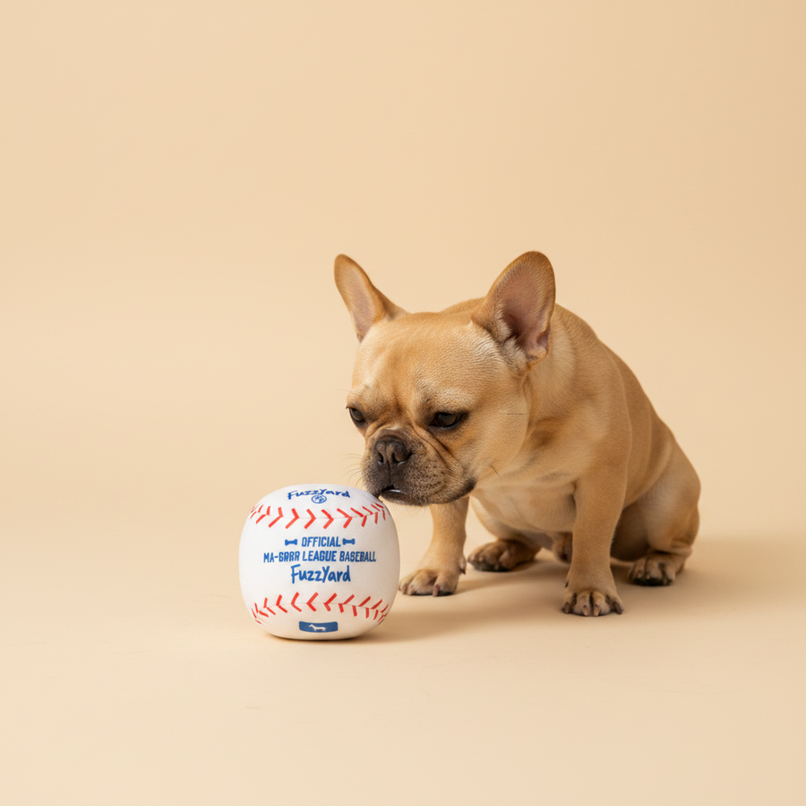 FuzzYard Plush Toy - Baseball — lifestyle met hond | The Snuffle Studio