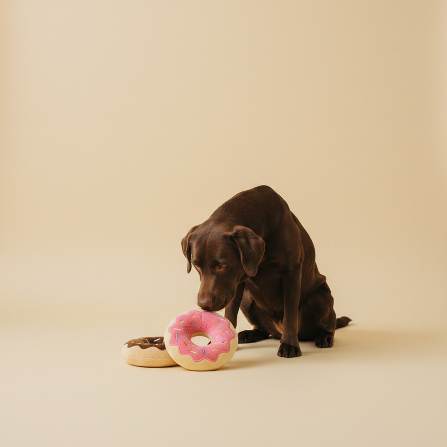 FuzzYard Plush Toy - Donuts - 2 per pack — lifestyle met hond | The Snuffle Studio