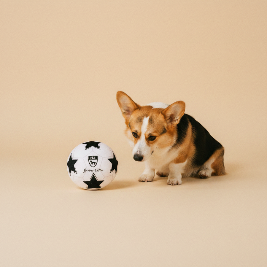 FuzzYard Plush Toy - Soccer Ball — lifestyle met hond | The Snuffle Studio