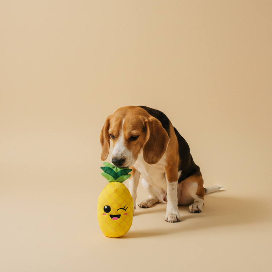 FuzzYard Plush Toy - Winky Pineapple — lifestyle met hond | The Snuffle Studio