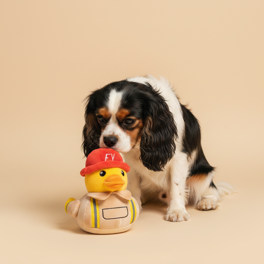 FuzzYard Quackson Five - Duck Firequacker — lifestyle met hond | The Snuffle Studio