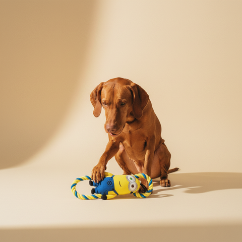 Minions knuffel met flostouw — lifestyle met hond | The Snuffle Studio