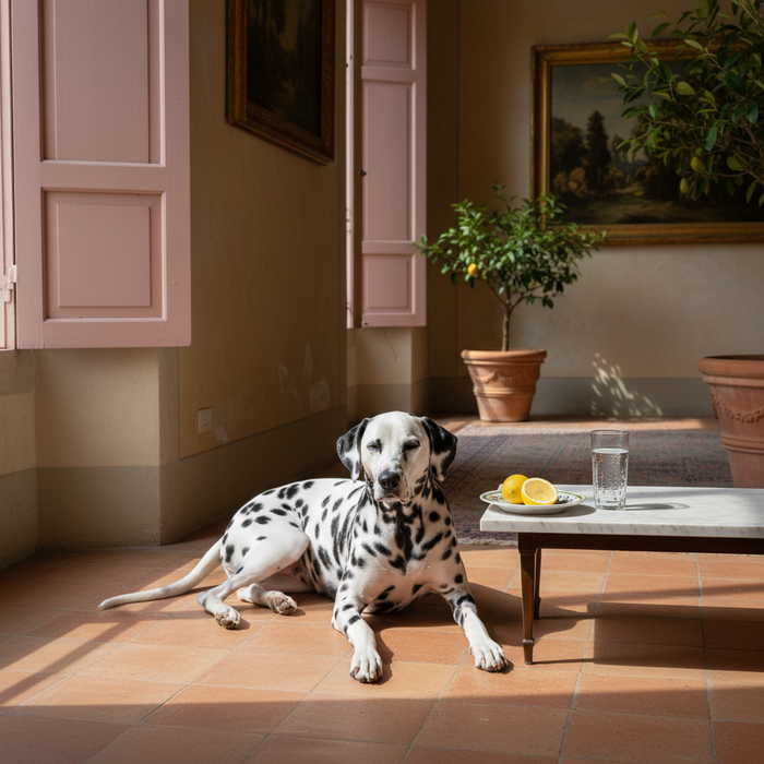 Dalmatiër in zonnevlek bij rose deur, lemon tree, citrus on table — Dolce Far Niente