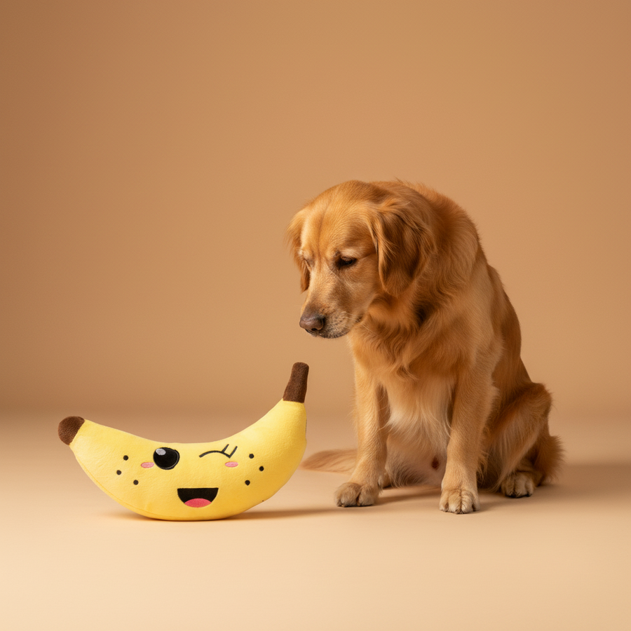 FuzzYard Plush Toy - Winky Banana — lifestyle met hond | The Snuffle Studio