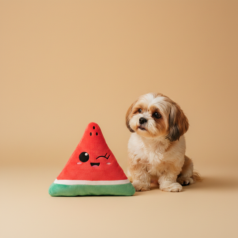 FuzzyYard Plush Toy - Winky Watermelon — lifestyle met hond | The Snuffle Studio