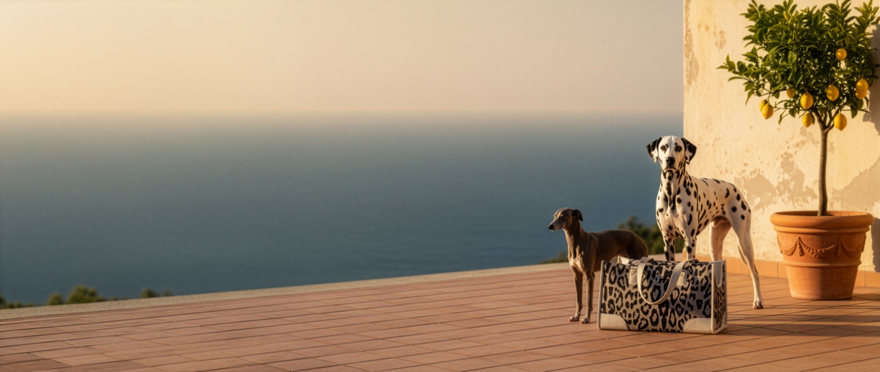 Dalmatiër en Italian Greyhound op een terracotta terras met Mokka Bag Leopard, citroenboom en uitzicht op de Mediterrane zee in goud avondlicht